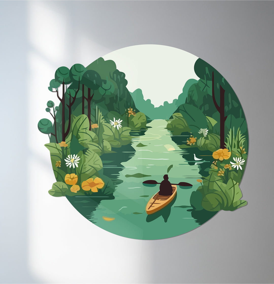 Kayaker in green forest river metal wall art