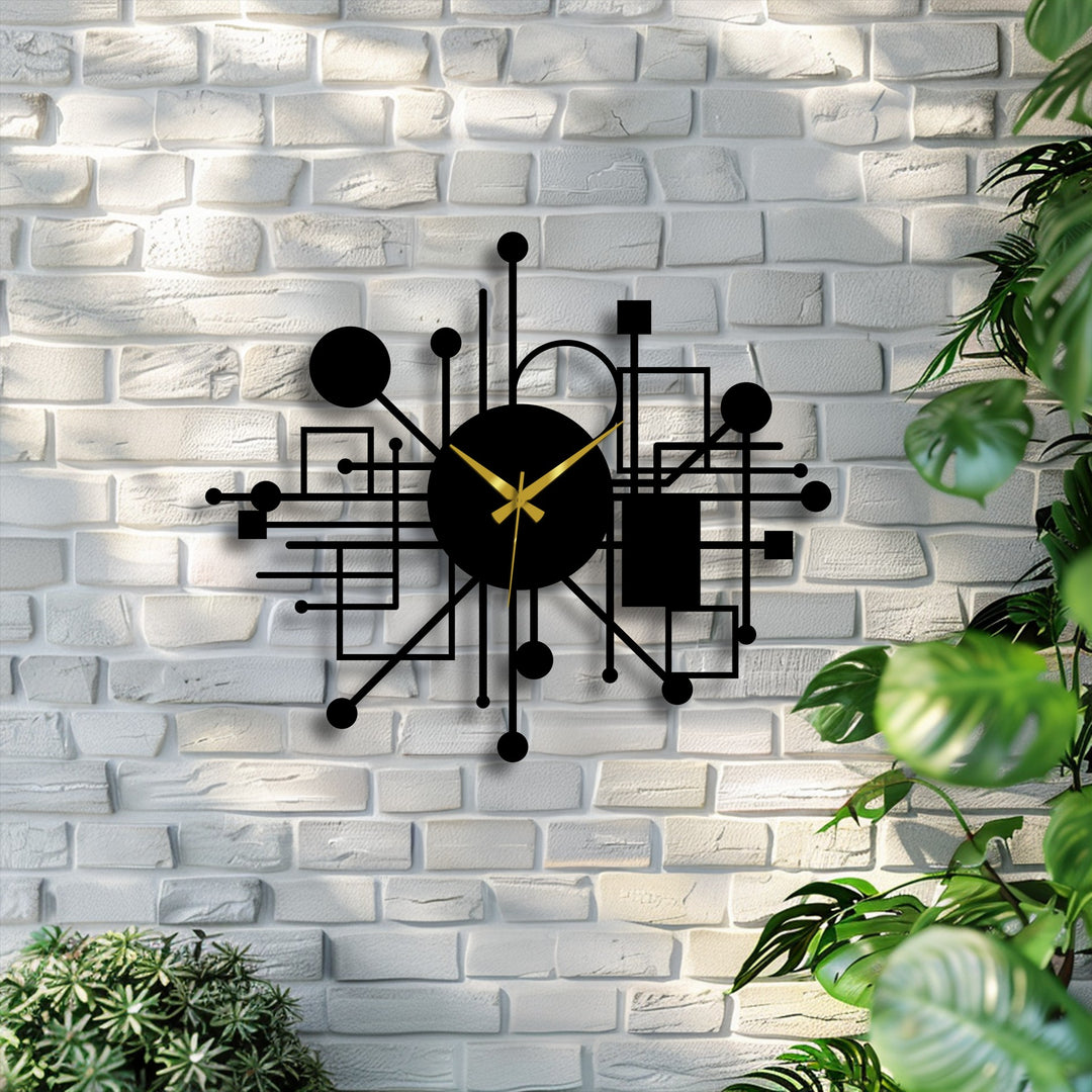 Striking color contrast defines this abstract network metal wall clock, a modern geometric lines decoration wall art piece displayed against a textured white brick wall.
