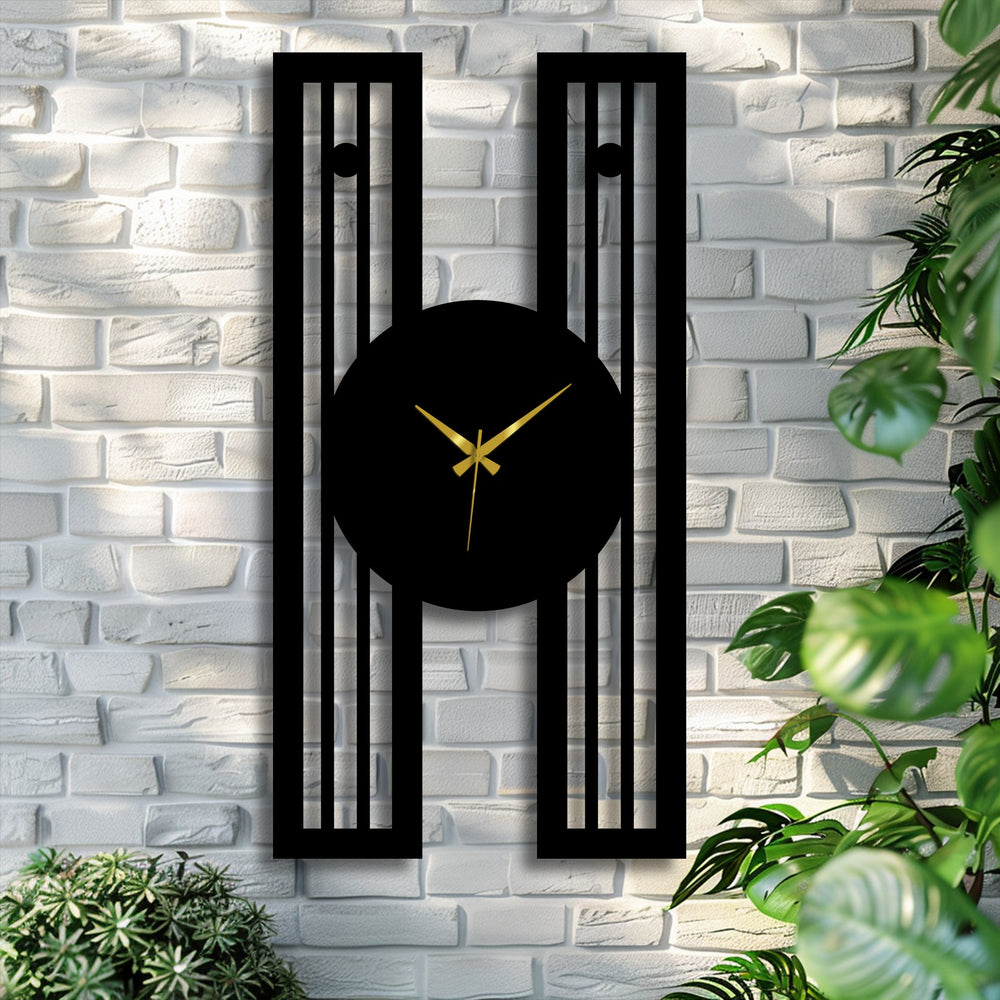Clean lines define the edges and borders of this modern metal wall clock, a striking piece of decorative metal art with its geometric frame.