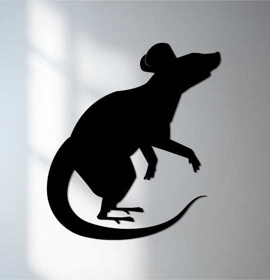 Black rat silhouette stands tall as the central subject of this innovative metal art for wall, a modern animal design adding distinct charm to any room.