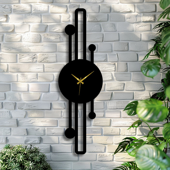 Focal point of the vertical minimalist metal artwork wall clock showcases geometric lines, gold hands, and its modern design.