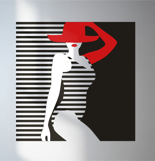 Lady in red hat metal wall art in modern black and white design
