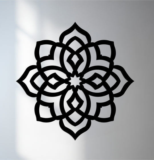 Subtle shifts highlight the decoration wall art's etched lines as it floats against a wall, creating depth with the lotus mandala floral metal art piece.