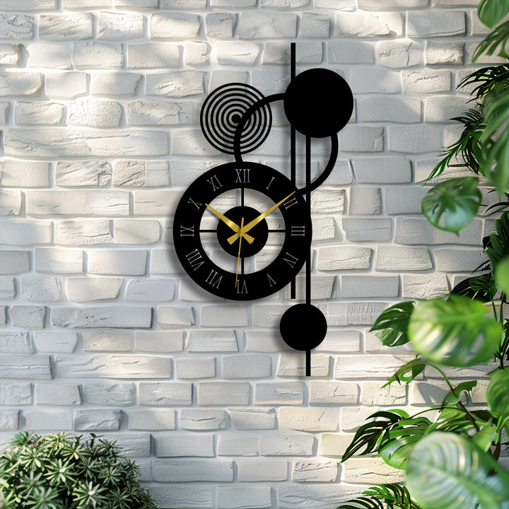 White brick surface texture provides a backdrop for this modern metal wall clock, a piece of unique metal wall art featuring an orbit design with roman numerals.
