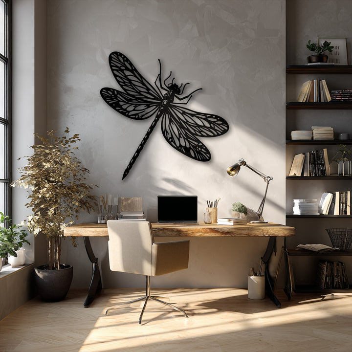 Intricate geometric patterns form the elegant dragonfly decoration wall art with stylized wings, complementing the crisp lines of the room's design.