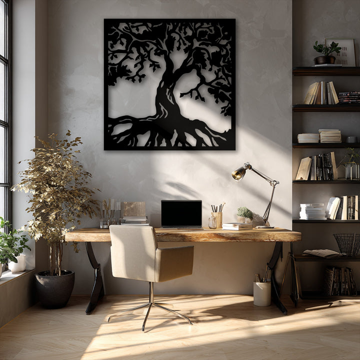 Sunlight creates dramatic shadows, accentuating the intricate roots and branches of the majestic tree silhouette metal art for wall.