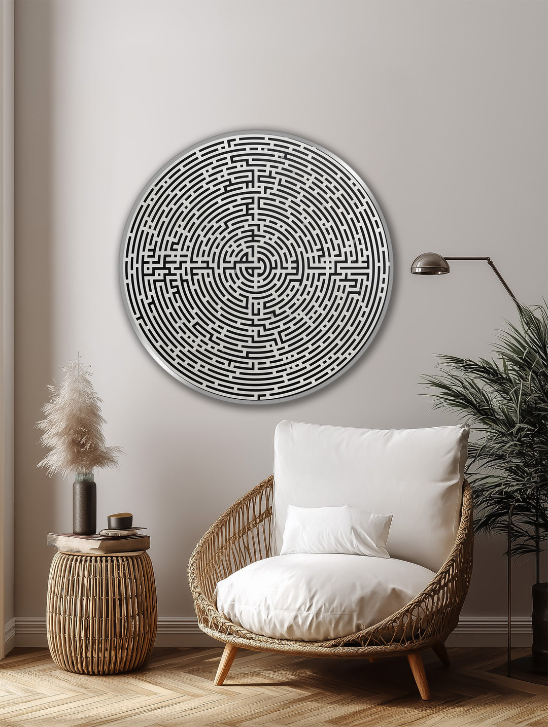 Modern Labyrinth – Minimalist Round Oil Painting on Wood