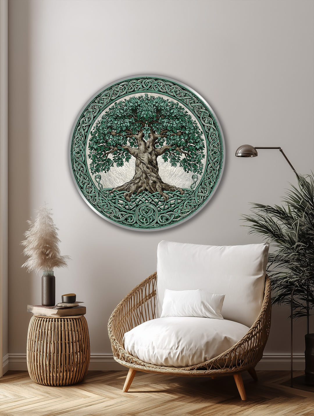 Featuring an ornate knotwork border and metallic-toned edge, this Celtic Tree of Life round oil painting art prints boasts symbolic style.