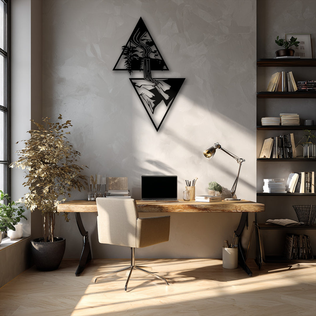 The visual rhythm of this striking geometric waterfall metal wall decor forms a serene and flowing nature landscape.