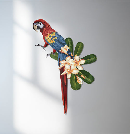 Creamy plumeria flowers are the softest element in this tropical parrot metal artwork, a stunning piece of metal artwork with exotic bird and flower design.