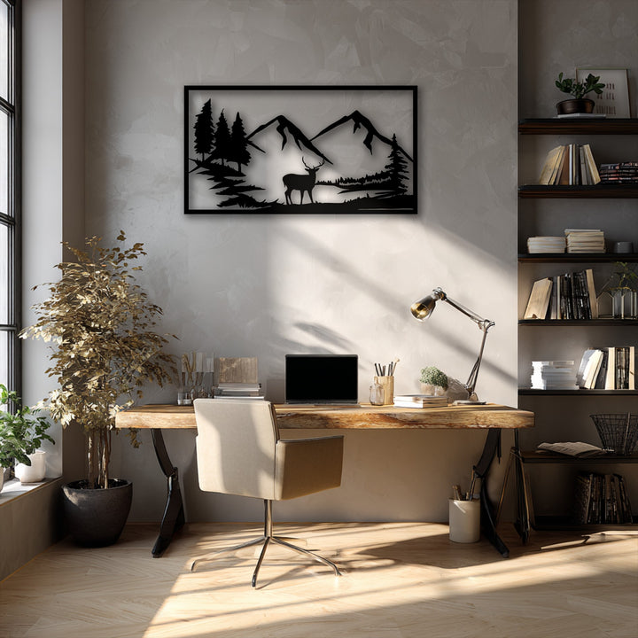 The background showcases a lightly textured off-white wall, providing a subtle contrast to the decorative metal art of a majestic mountain deer silhouette.
