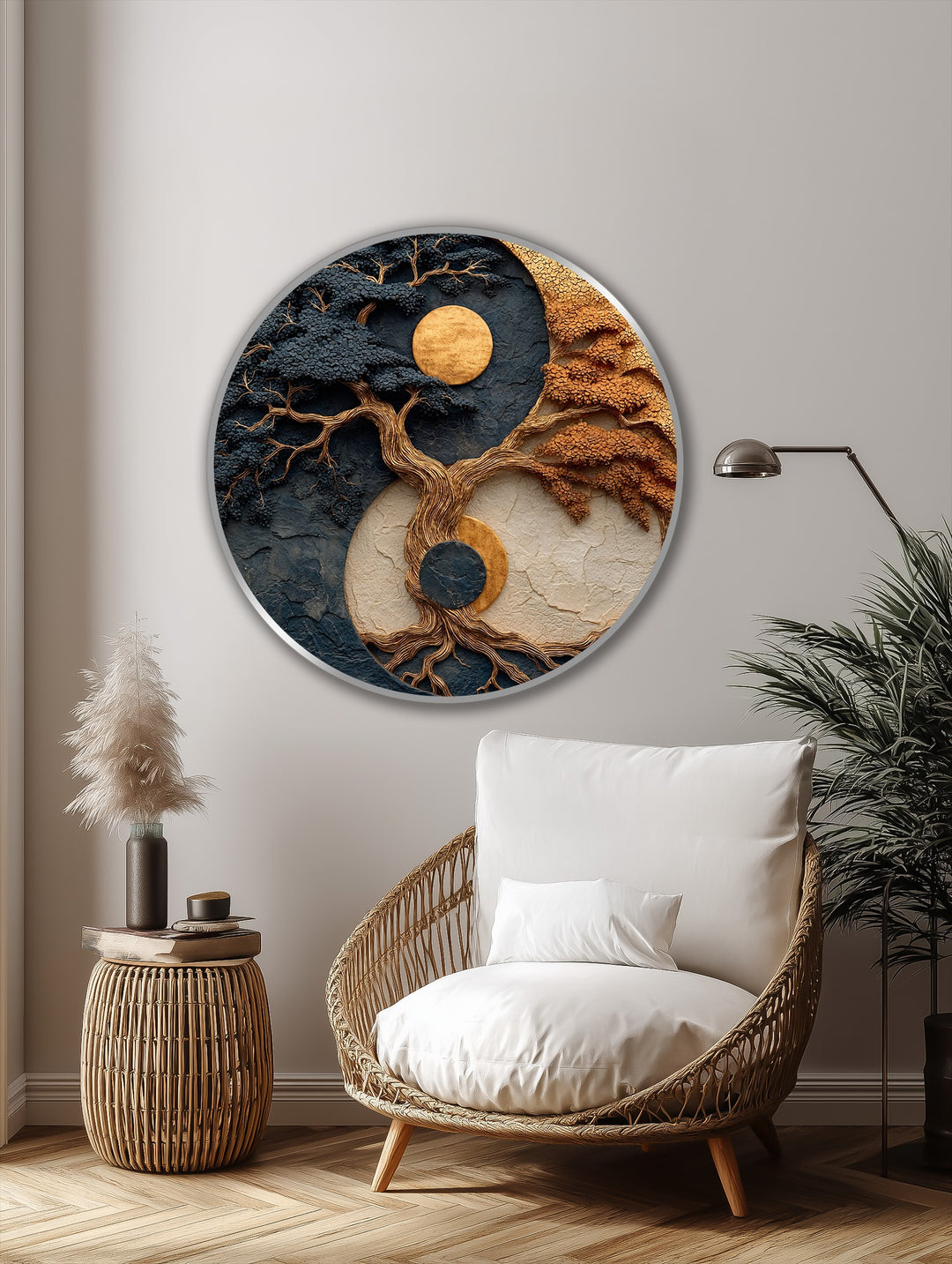 Subtle color transitions define this abstract oil painting home decor, as the celestial balance tree's gold meets the earthy tones in a round, symbolic design.