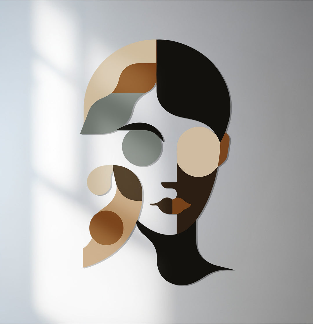 Minimalist abstract woman metal wall art in neutral beige and black tones for modern home décor