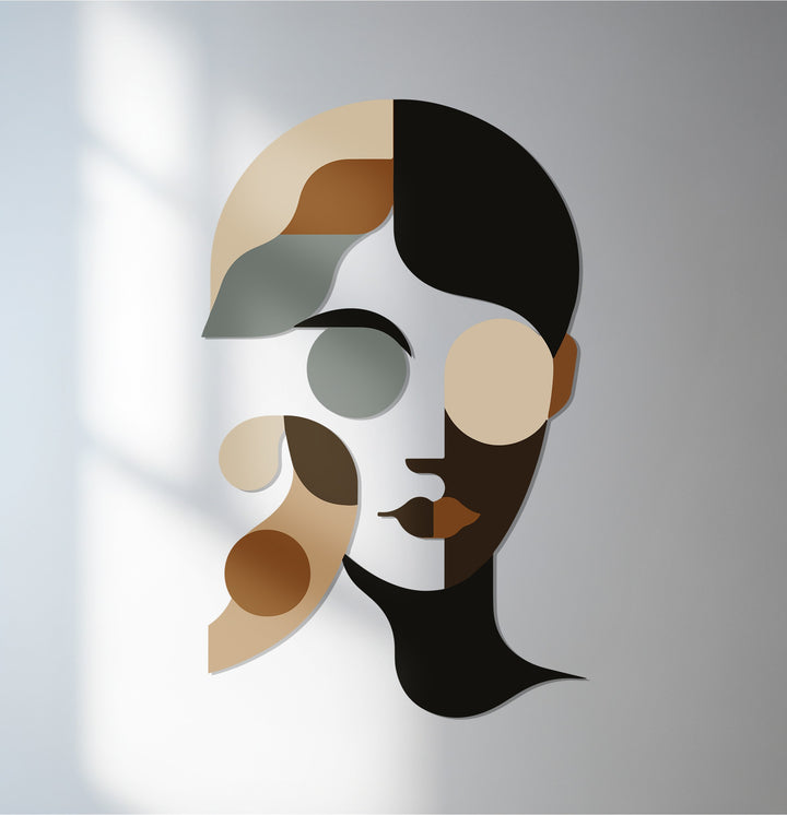 Minimalist abstract woman metal wall art in neutral beige and black tones for modern home décor