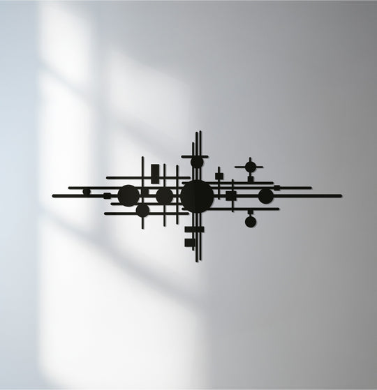 Highlighting the layering effect, this geometric abstract metal artwork uses lines and circles in its metal artwork to create a dynamic modern design.