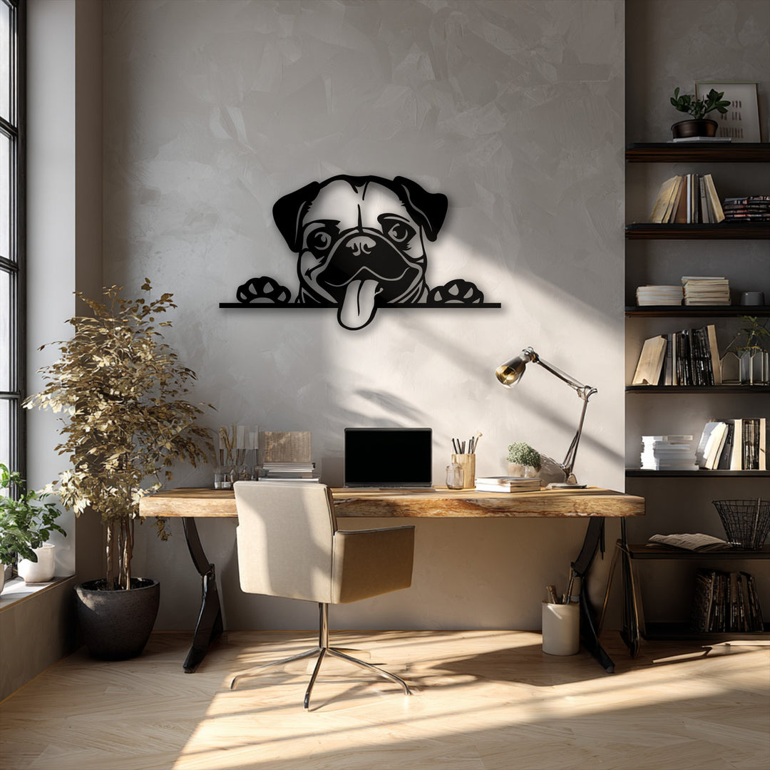 A light-colored, textured gray wall, softly lit by sunlight, features the charming Pug Dog Metal Wall Art as unique decoration wall art.