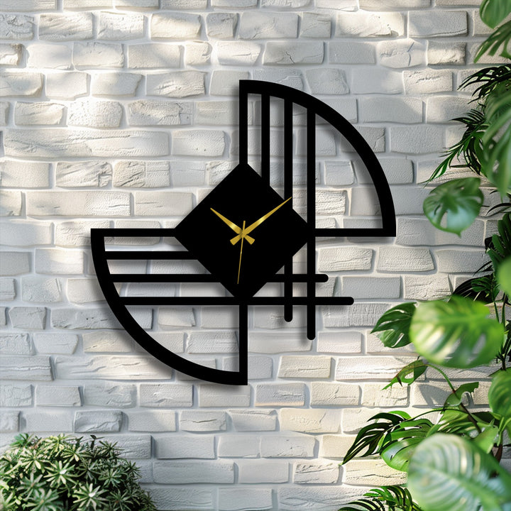 White brick background offers a textured contrast to the abstract line metal artwork of the modern wall clock.