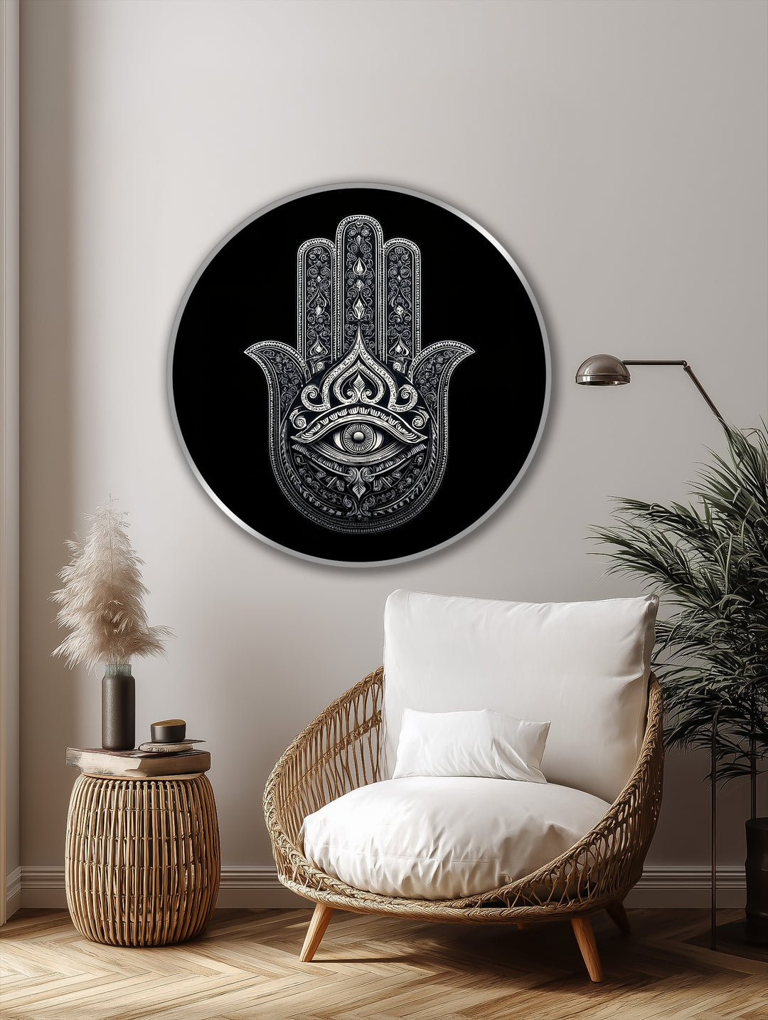 Showcasing geometric elements, this monochrome hamsa eye round oil painting art prints features a hand design with symmetrical patterns within a circular frame.