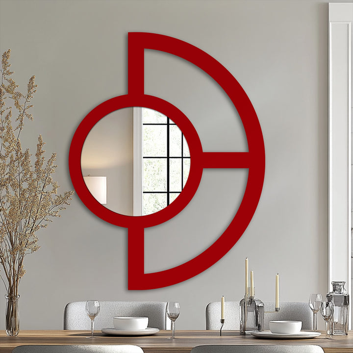 Focal point of an abstract half-circle metal art for wall presented as a modern mirror with geometric balance design.