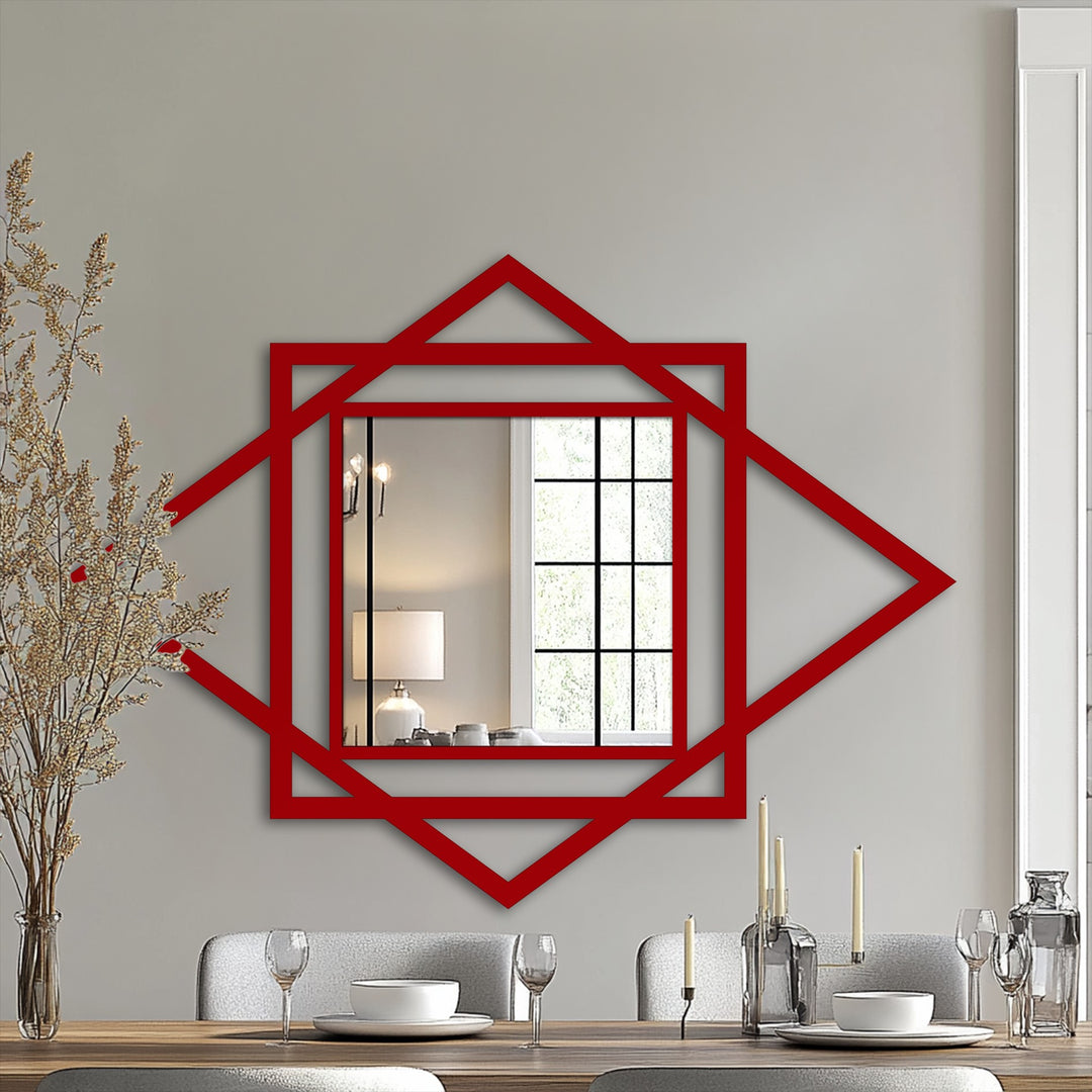 Geometric accents highlight this modern mirror with a diamond overlay on a square frame, creating a striking piece of decorative wall art.
