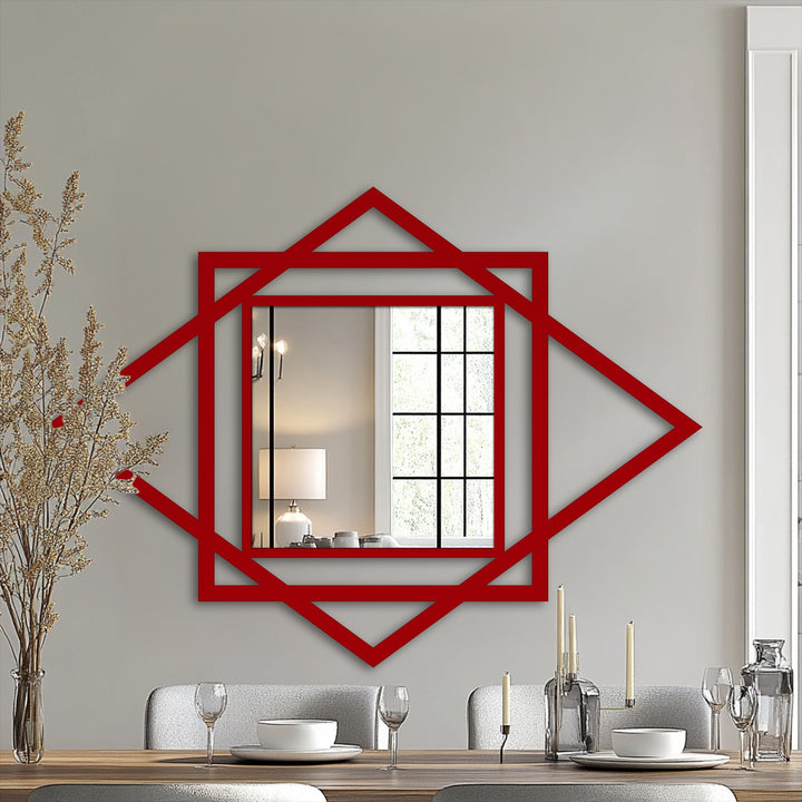 Geometric accents highlight this modern mirror with a diamond overlay on a square frame, creating a striking piece of decorative wall art.