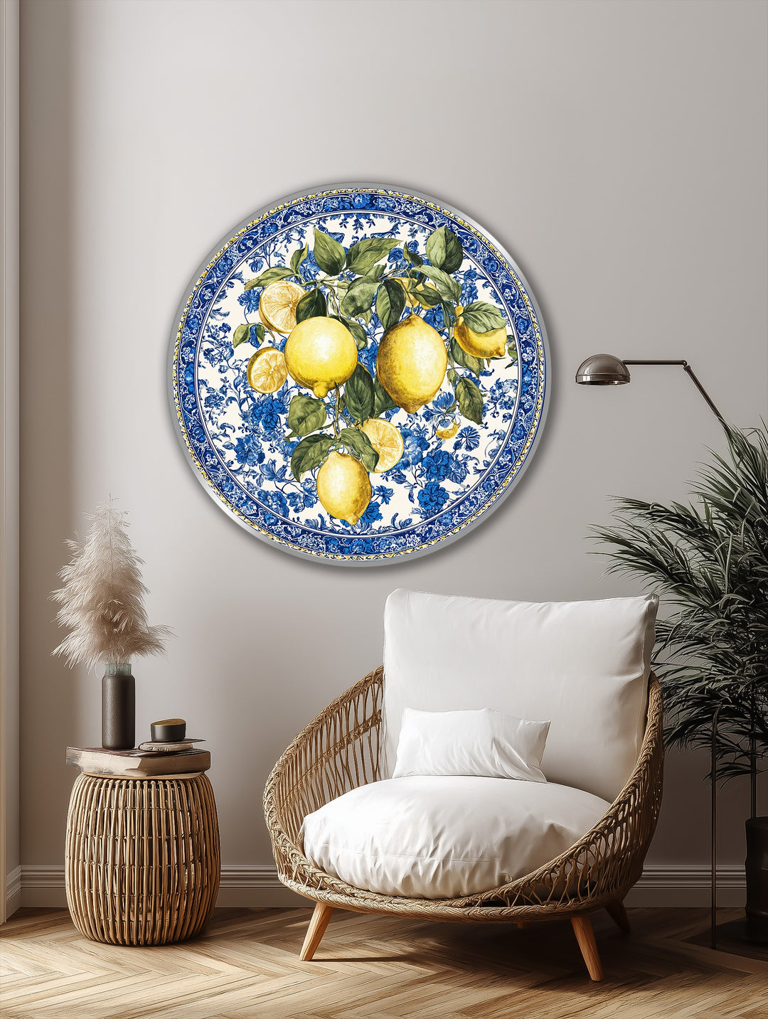 Negative space highlights the round Mediterranean freshness—lemon and blue floral oil painting art piece—enhancing the lemons' vibrant beauty.