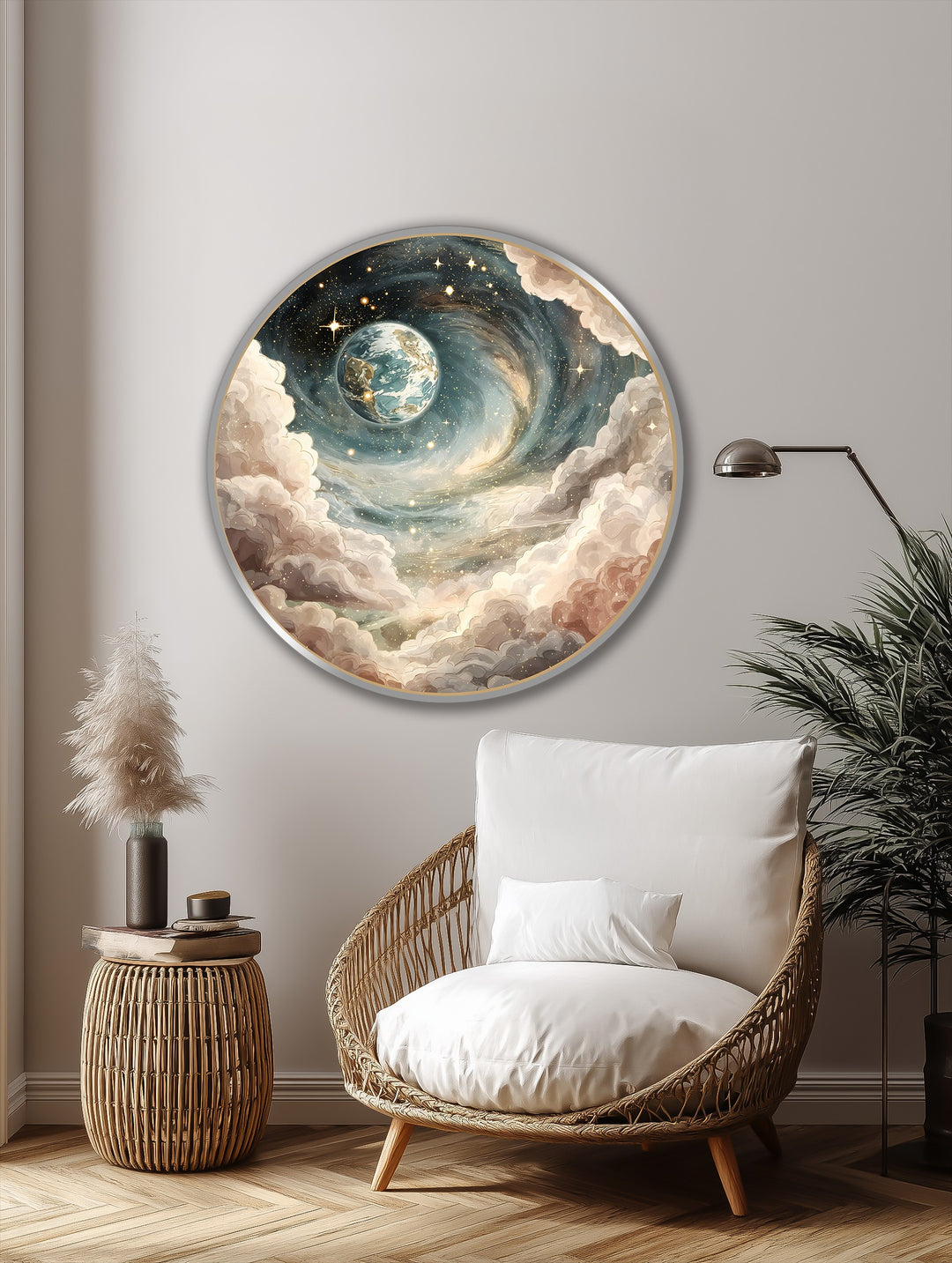 Painted surface texture defines the round celestial spiral dream oil painting artwork, featuring swirling clouds and a textured depiction of the Earth and golden stars.