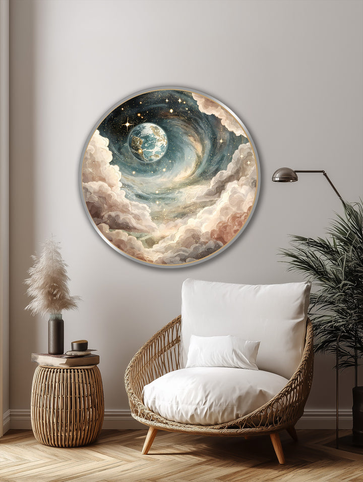 Painted surface texture defines the round celestial spiral dream oil painting artwork, featuring swirling clouds and a textured depiction of the Earth and golden stars.