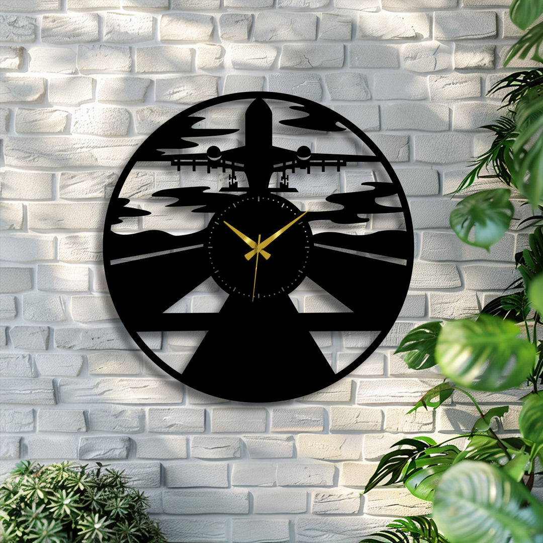 The sleek, clean borders of this airplane silhouette decorative metal art wall clock showcase its modern aviation-inspired design beautifully.