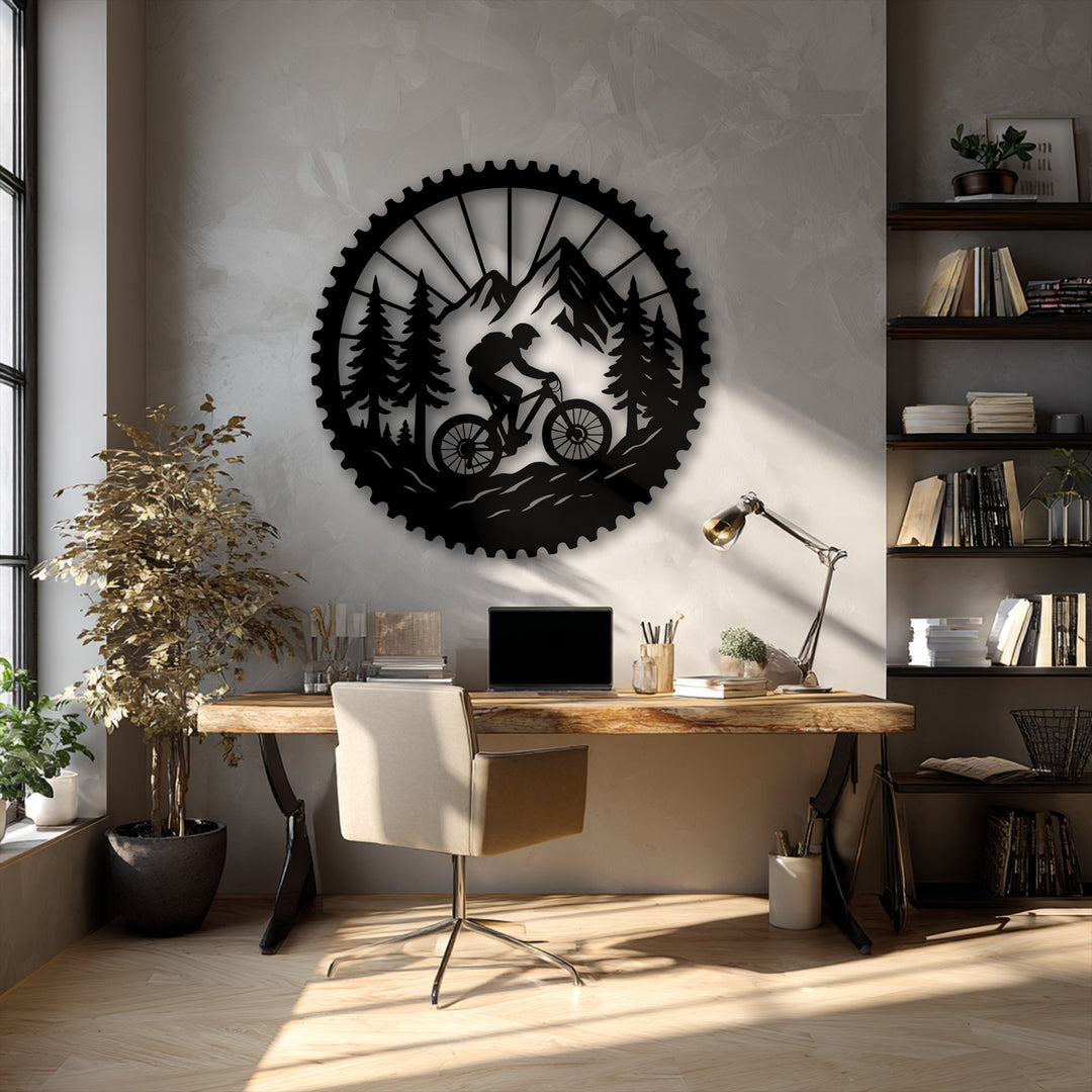 The captivating transition from bright sunlight to deep shadows beautifully showcases the mountain bike adventure decorative metal art.
