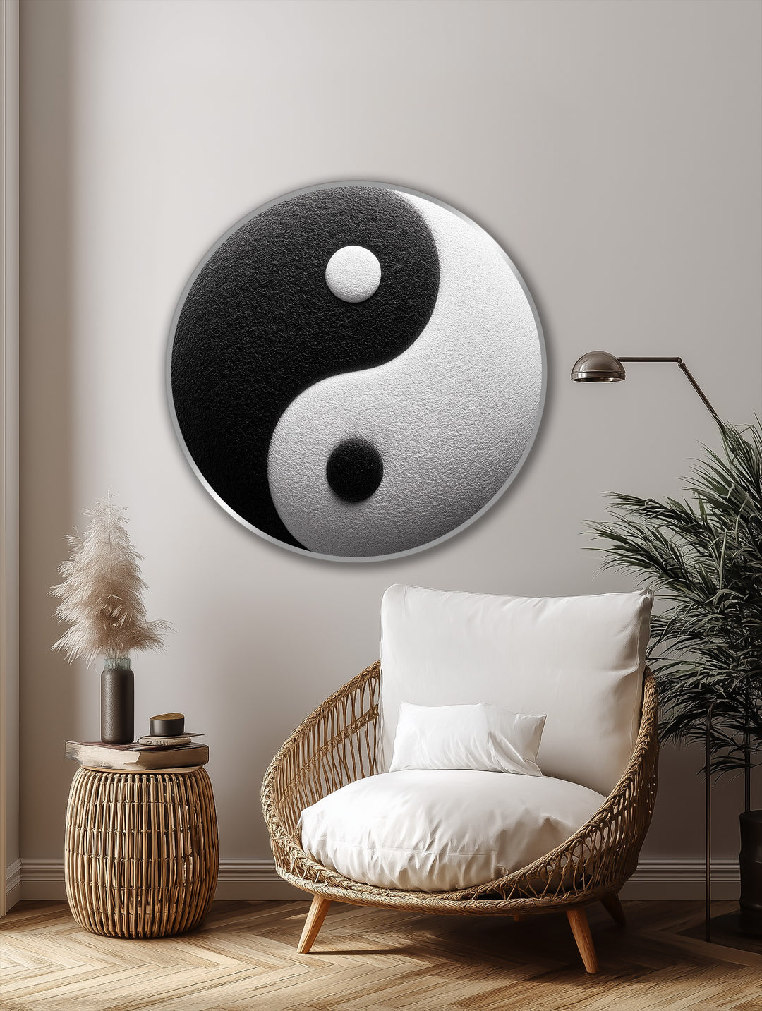 The stillness of the balance represented in this round oil painting wall art is echoed by the calm interior's decor, promoting peace.
