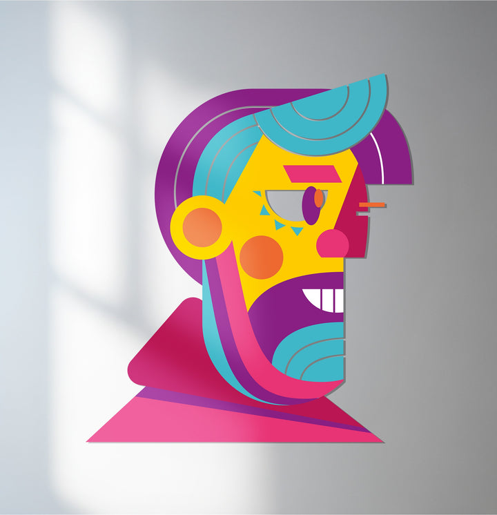 Vibrant abstract man face metal wall art in pop cubist style