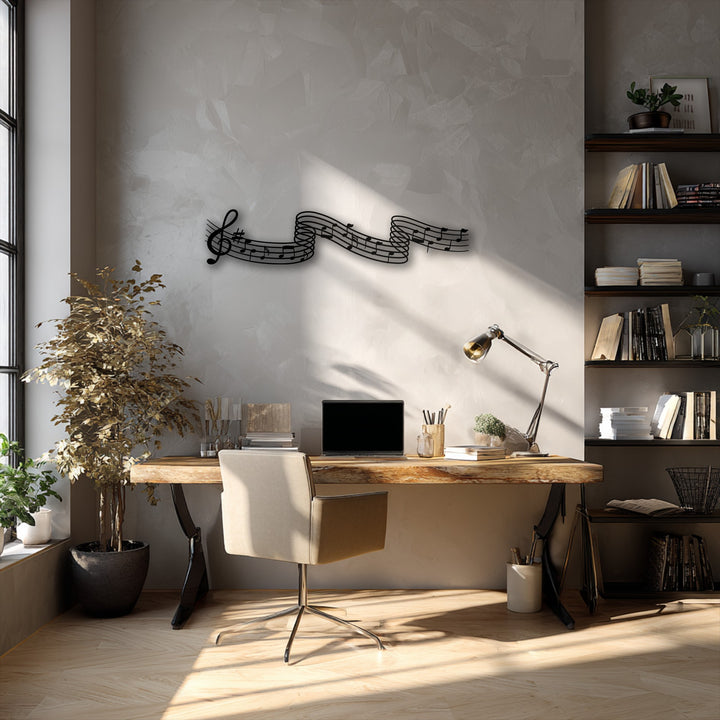 The realistic detail of the musical notes metal art for wall showcases a treble clef and flowing sheet music, casting subtle shadows on the textured gray wall.