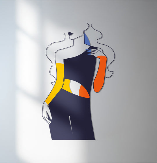 Showcasing the organic forms in this abstract metal wall decor, a modern minimalist portrayal of a woman captures a blend of artistic shapes and flowing lines.