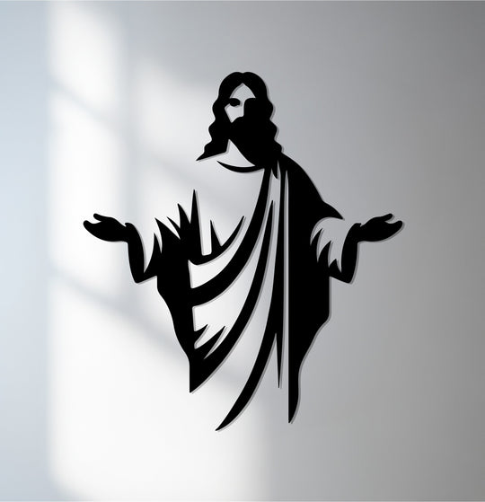 Illuminated by a bright light, this decoration wall art features a black metal silhouette of Jesus Christ, adding a spiritual touch to home decor.