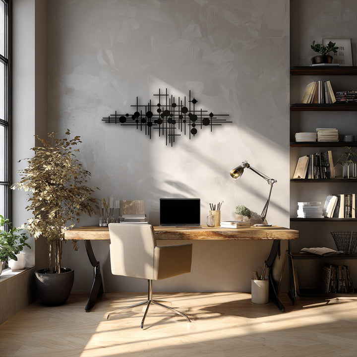 Interlocking black lines and circles create a captivating abstract geometric metal decoration wall art piece, casting shadows on the textured wall.