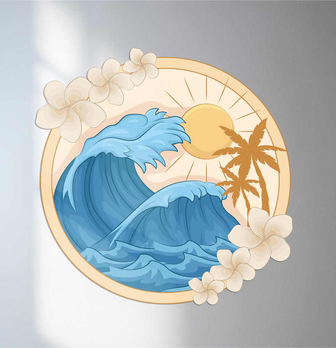 Tropical wave metal wall art with palm trees and sunset