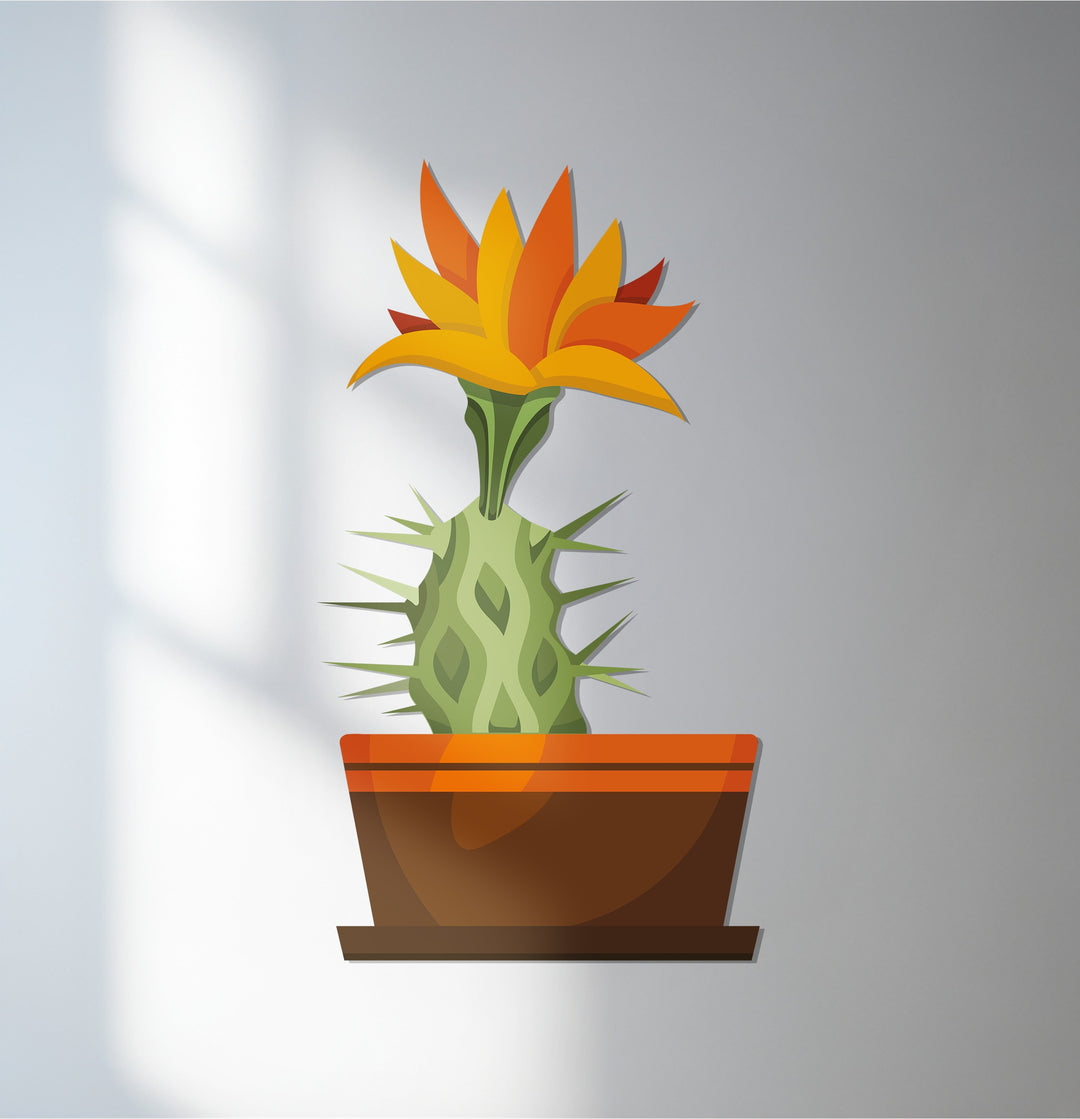 With high color saturation, the Sunrise Cactus Bloom modern botanical wall decor shines as vibrant metal artwork, enriching any space.