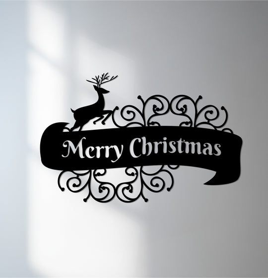 Ornamental edges and borders highlight this reindeer-themed festive elegance Merry Christmas metal art for wall, creating a distinctive decorative piece.