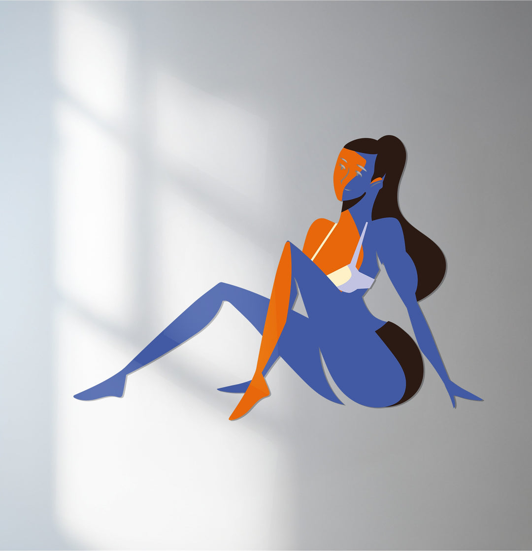 Abstract sitting woman metal wall art in blue and orange tones