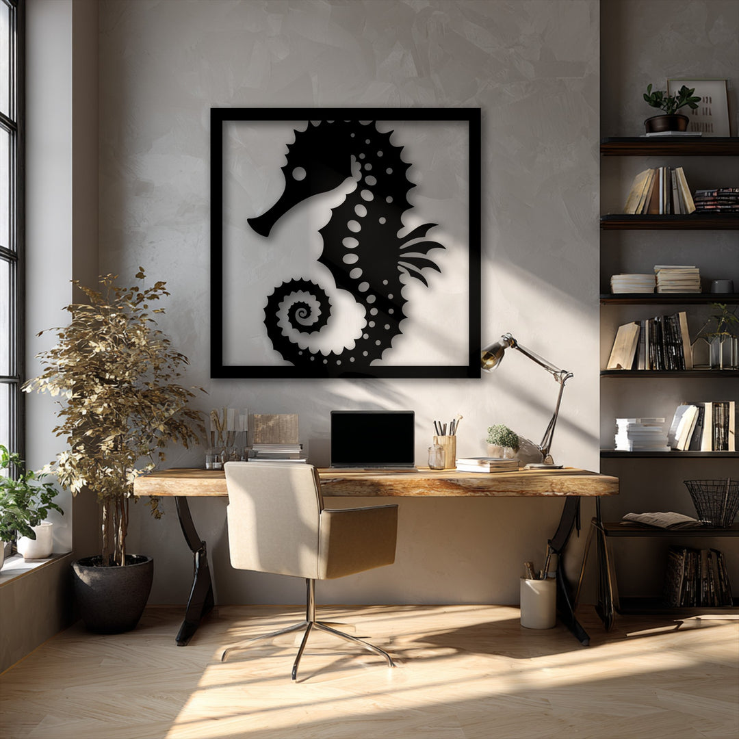 The darkest area reveals the captivating Ocean Grace seahorse frame, an exquisite piece of metal art for wall, casting intriguing shadows.