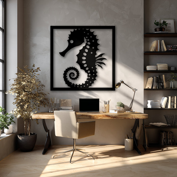 The darkest area reveals the captivating Ocean Grace seahorse frame, an exquisite piece of metal art for wall, casting intriguing shadows.