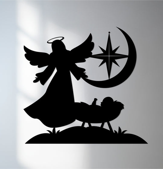 Layered effect achieved with this decorative metal art showcasing a silhouetted angel and nativity scene, creating depth with the star and crescent moon.