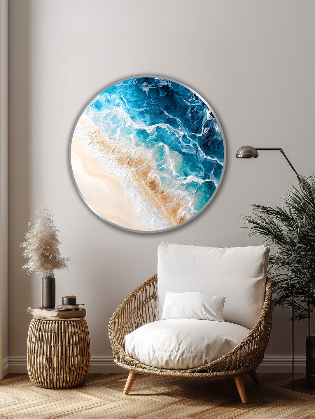 Cool color temperatures dominate the round coastal oil painting, creating a serene effect with turquoise and white waves, a stunning example of oil painting home decor.