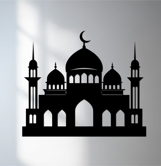 Crisp edge definition accentuates the Grand Mosque silhouette, revealing precise laser cuts that define the intricate borders of this unique metal art for wall.