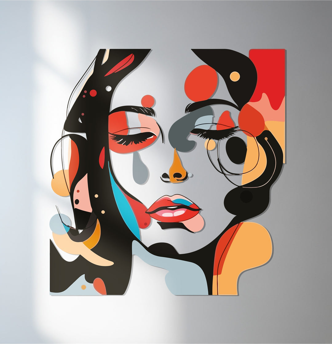 Colorful woman face metal wall art with abstract modern design
