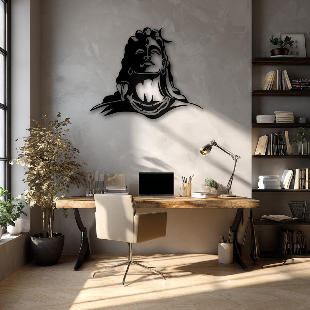 The precisely cut edges and distinct borders of the striking Lord Shiva metal artwork cast subtle shadows on the wall.
