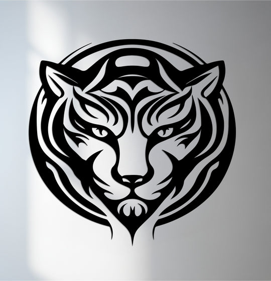 Vertically oriented and round, this tribal tiger metal wall decor showcases a bold, modern animal design.