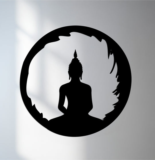 Surface texture of this round Buddha silhouette metal wall art reveals a subtly textured finish that enhances the depth of this unique metal wall art piece.