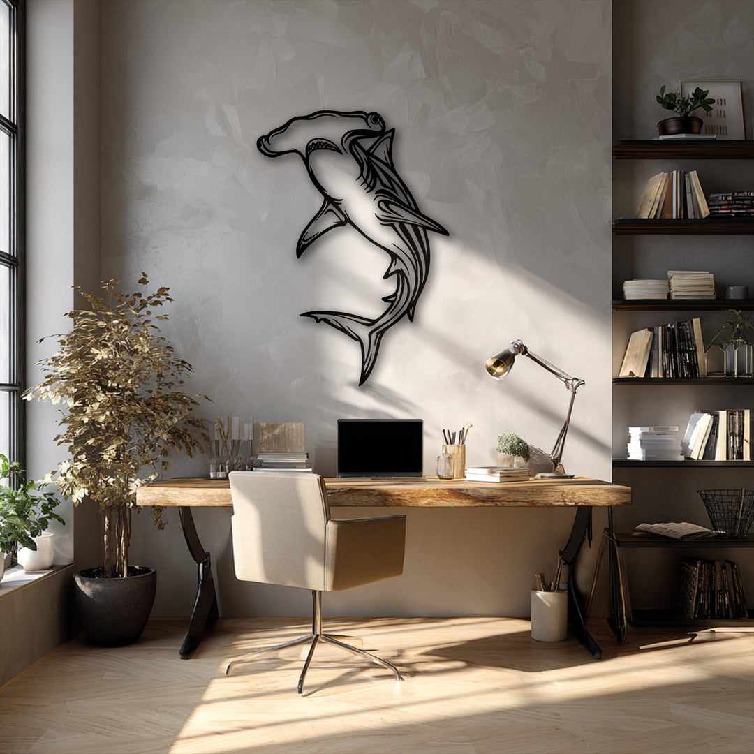 The light gray wall features a striking hammerhead shark metal artwork, complementing the room's neutral tones.